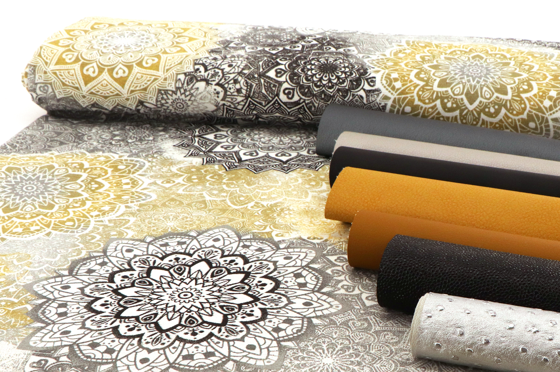 Tessuto da decorazione, mandala in grigio / ocra Tessuto da decorazione, mandala in grigio / ocra