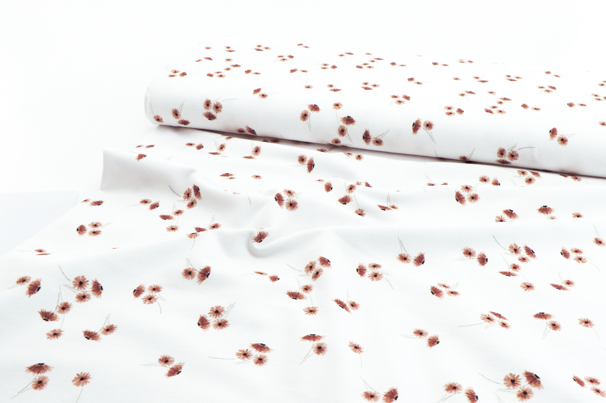 Jersey di cotone, piccoli fiori marroni su bianco