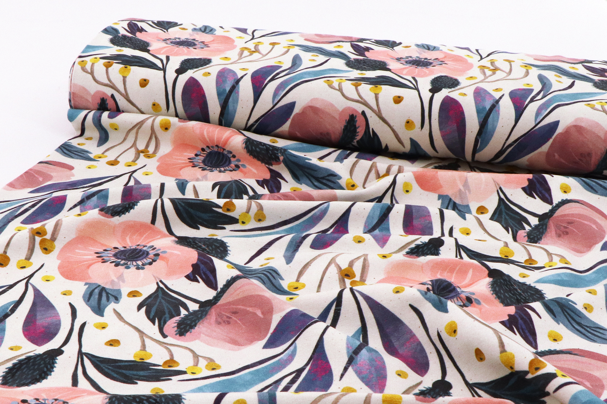 Bio - Jersey di cotone, papaveri rosa su beige