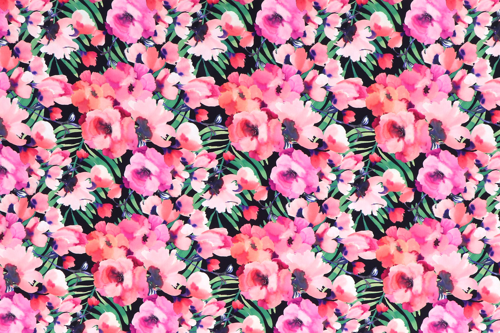 Jersey di cotone, fiori e foglie di palma