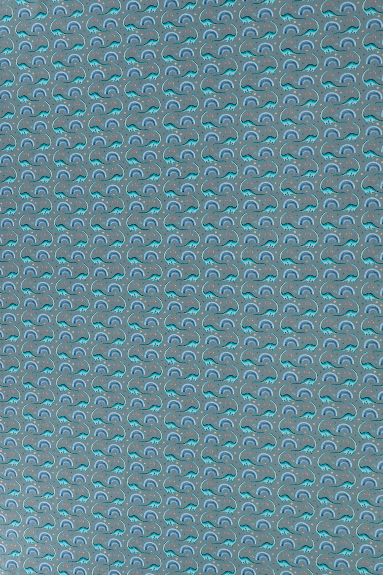 Jersey di cotone, piccoli dinosauri con arcobaleni color turchese/blu/grigio