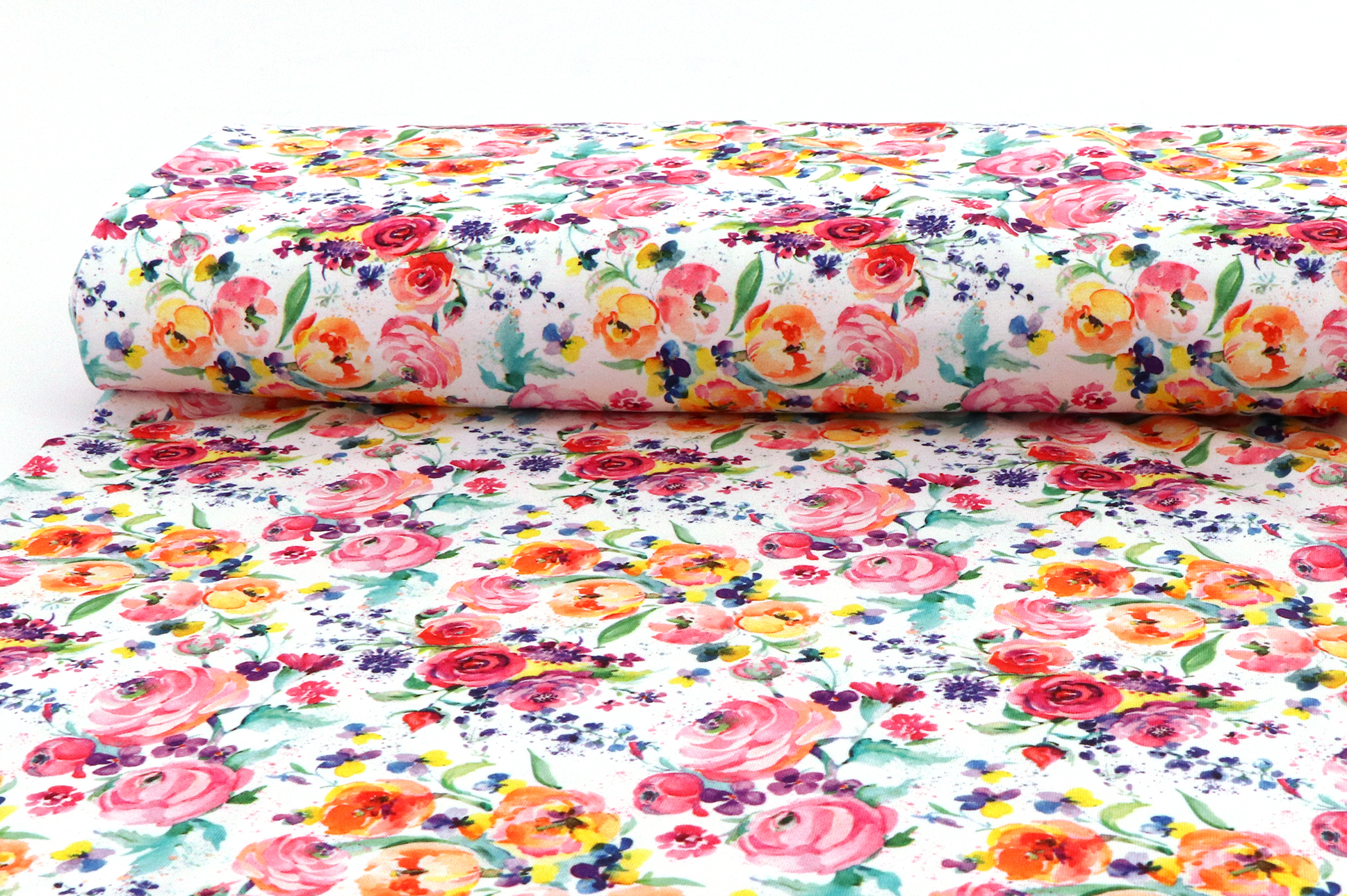 Jersey di cotone, fiori colorati su bianco